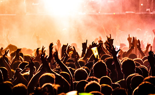 Crowd at concert with hands in the air